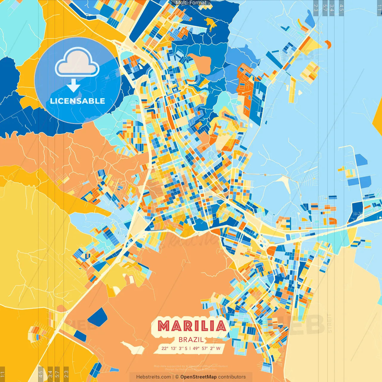 Marilia, Brazil blue and orange vector art map template