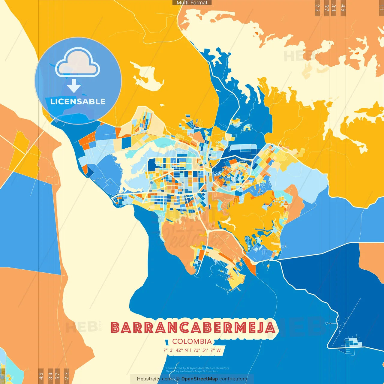 Barrancabermeja, Colombia blue and orange vector art map template