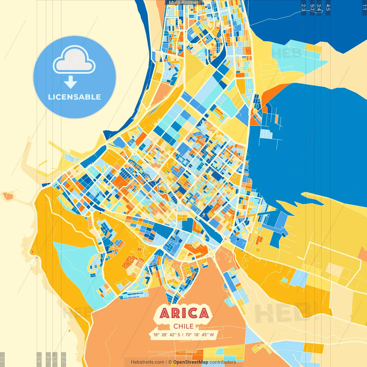 Arica, Chile blue and orange vector art map template