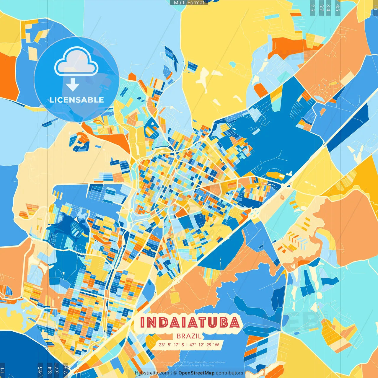 Indaiatuba, Brazil blue and orange vector art map template