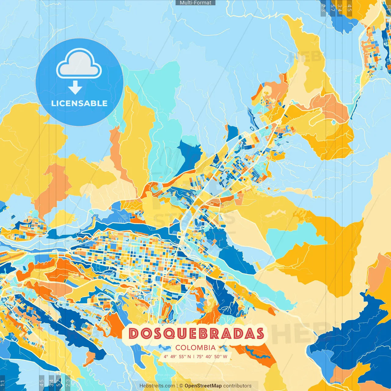 Dosquebradas, Colombia blue and orange vector art map template