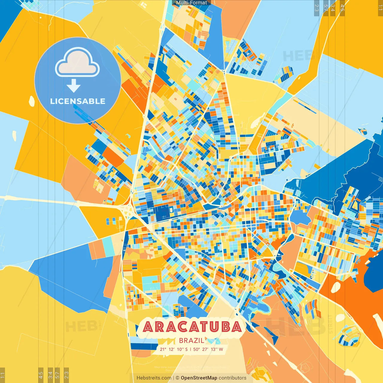 Aracatuba, Brazil blue and orange vector art map template