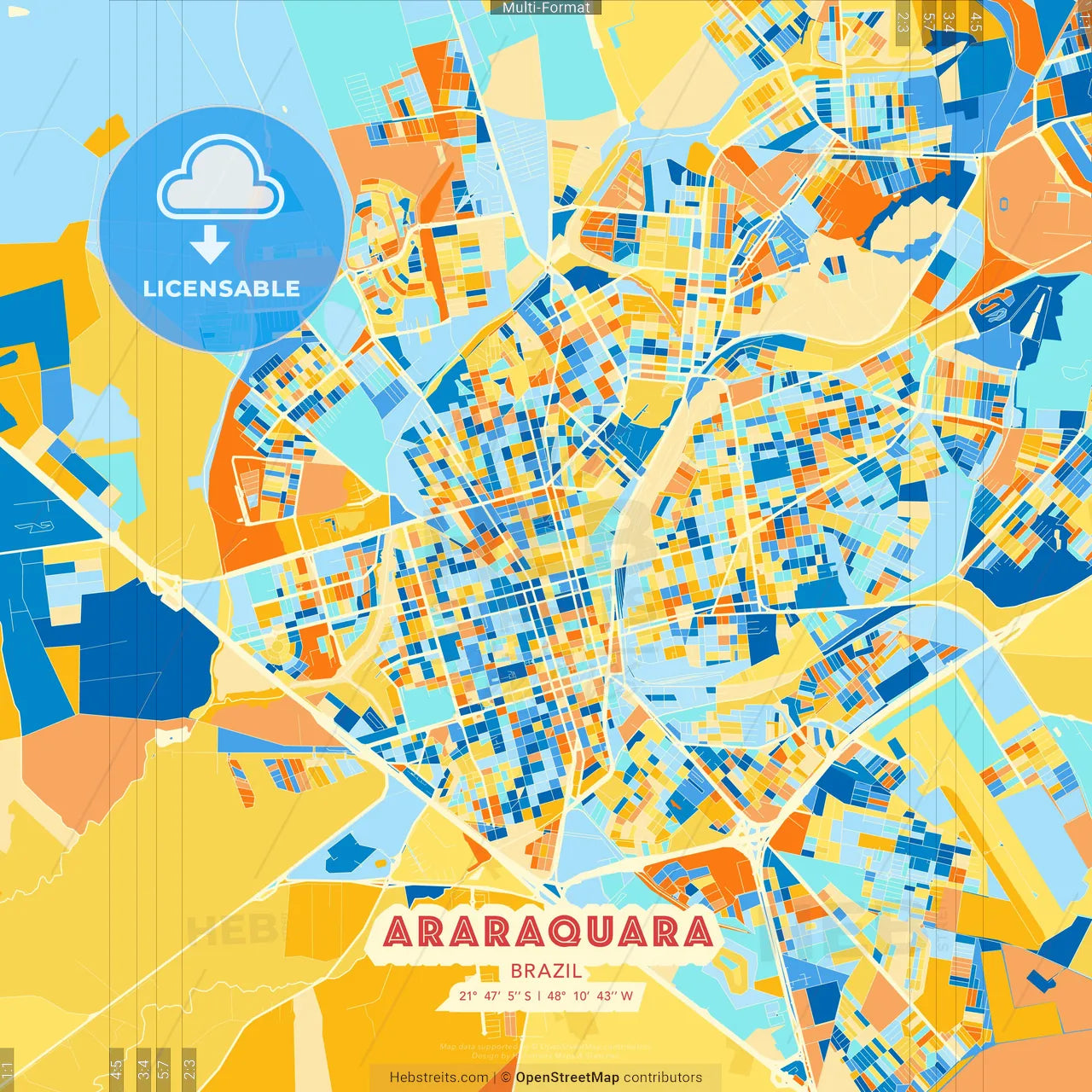 Araraquara, Brazil blue and orange vector art map template