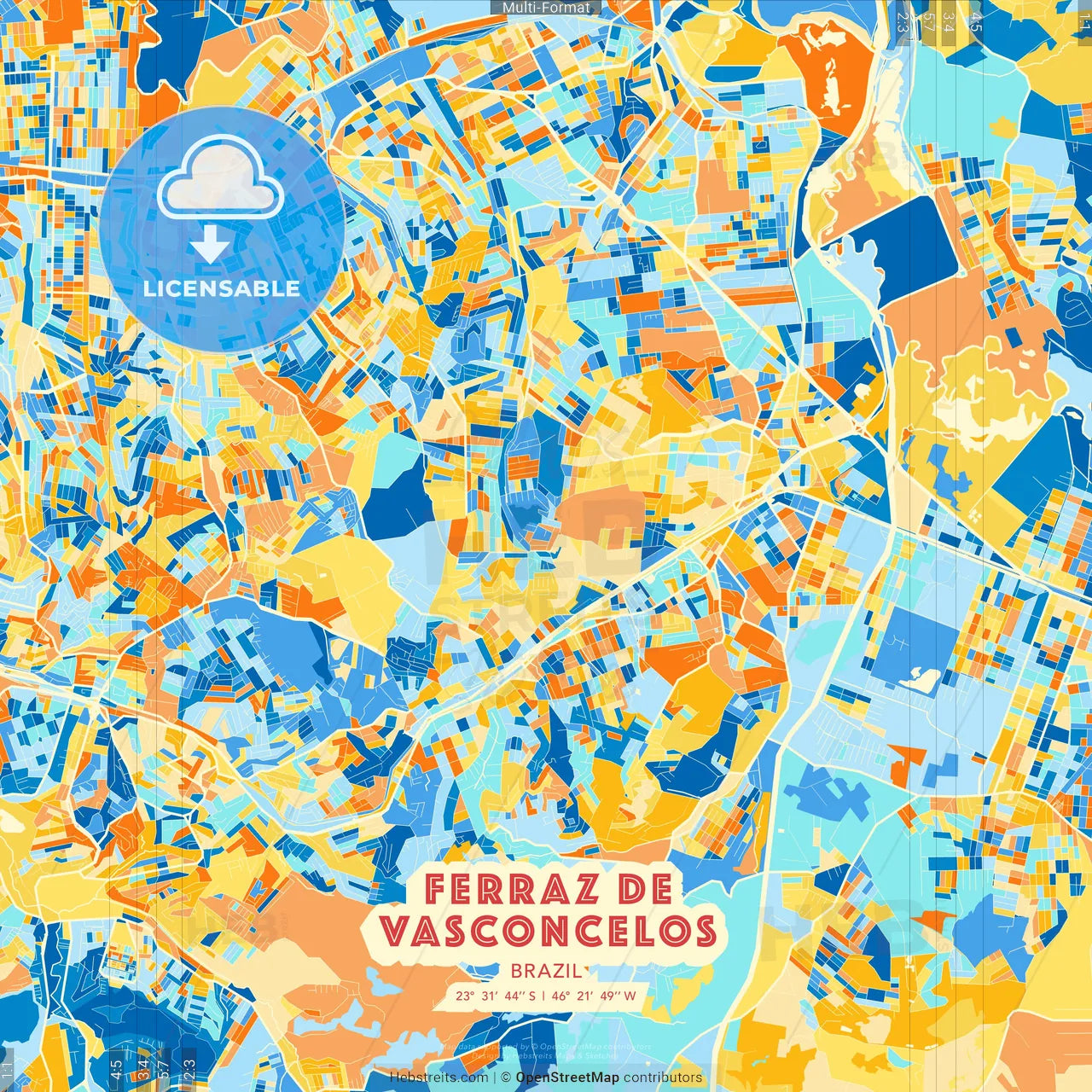 Ferraz de Vasconcelos, Brazil blue and orange vector art map template