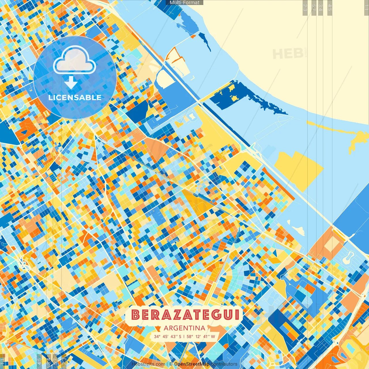 Berazategui, Argentina blue and orange vector art map template