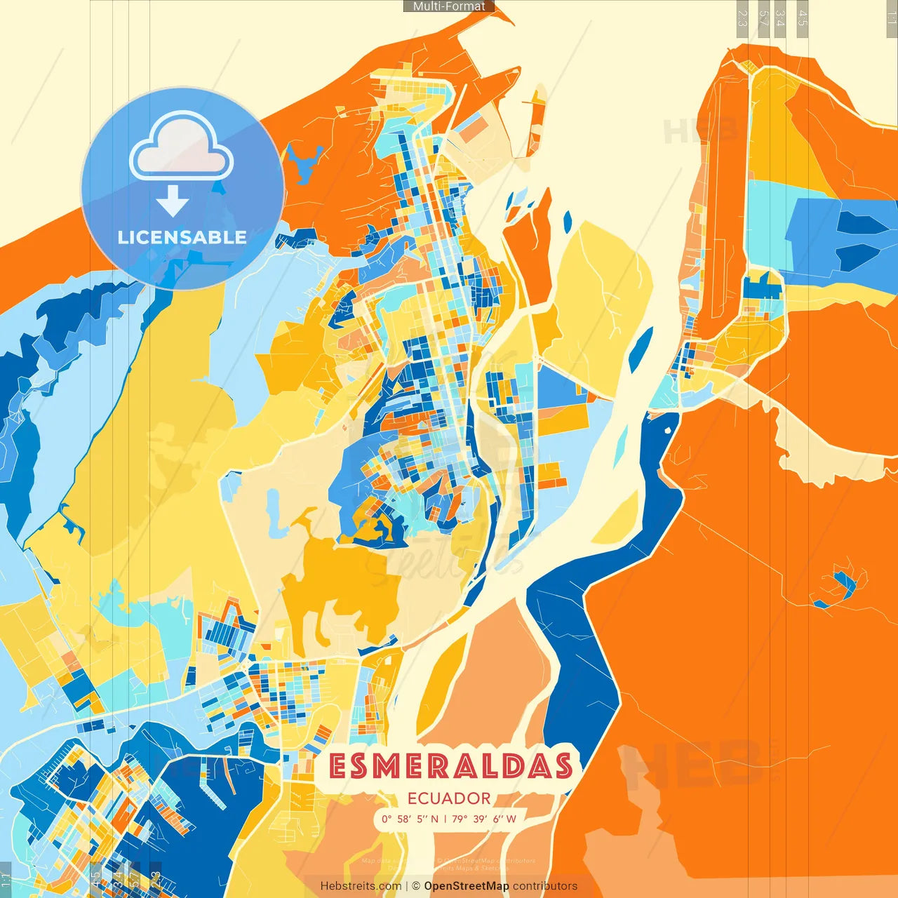 Esmeraldas, Ecuador blue and orange vector art map template