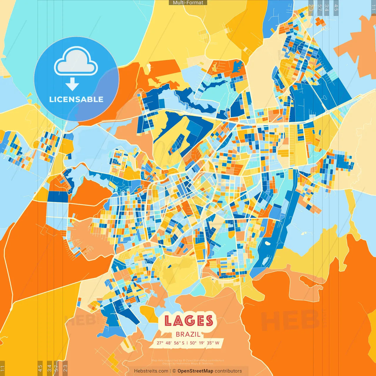 Lages, Brazil blue and orange vector art map template