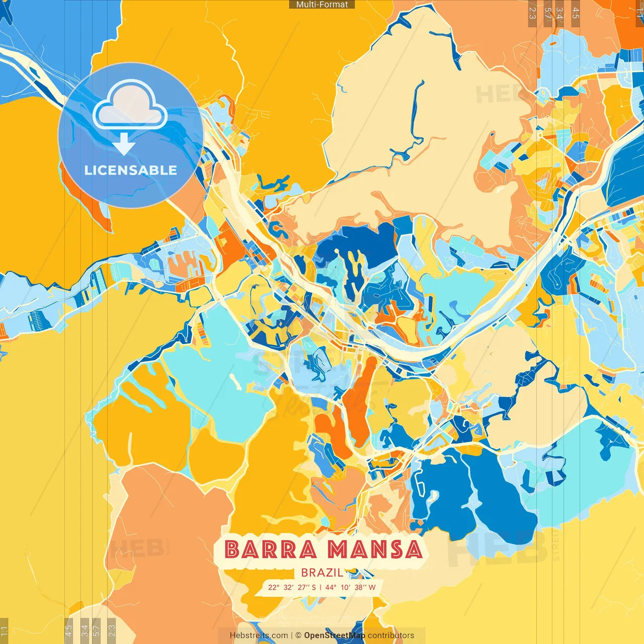 Barra Mansa, Brazil blue and orange vector art map template