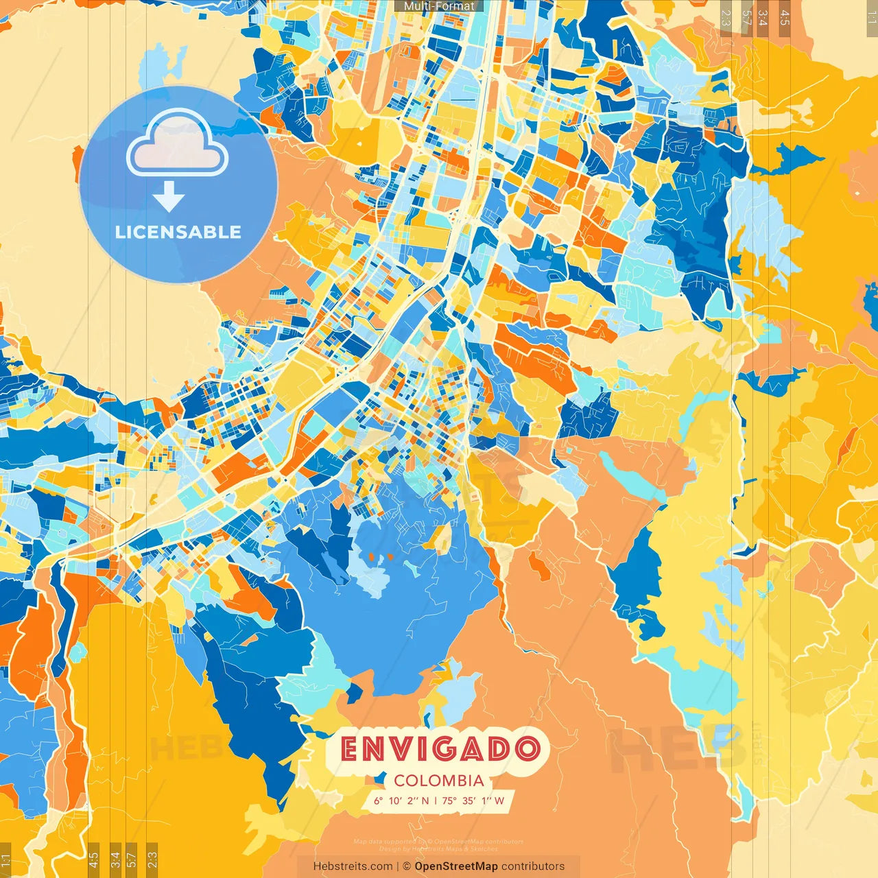 Envigado, Colombia blue and orange vector art map template