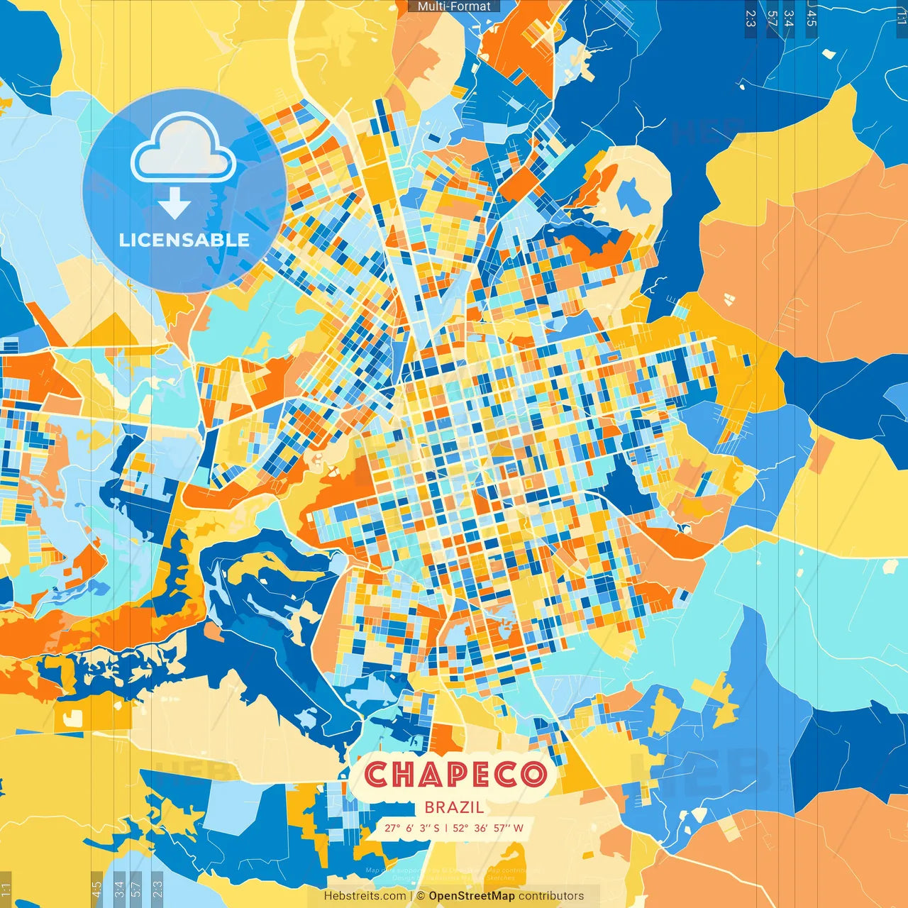 Chapeco, Brazil blue and orange vector art map template