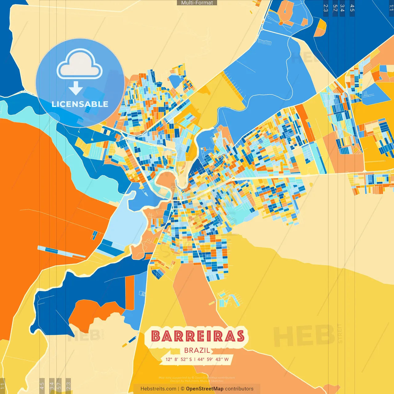 Barreiras, Brazil blue and orange vector art map template