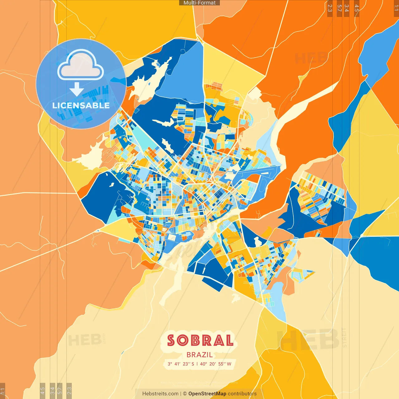 Sobral, Brazil blue and orange vector art map template