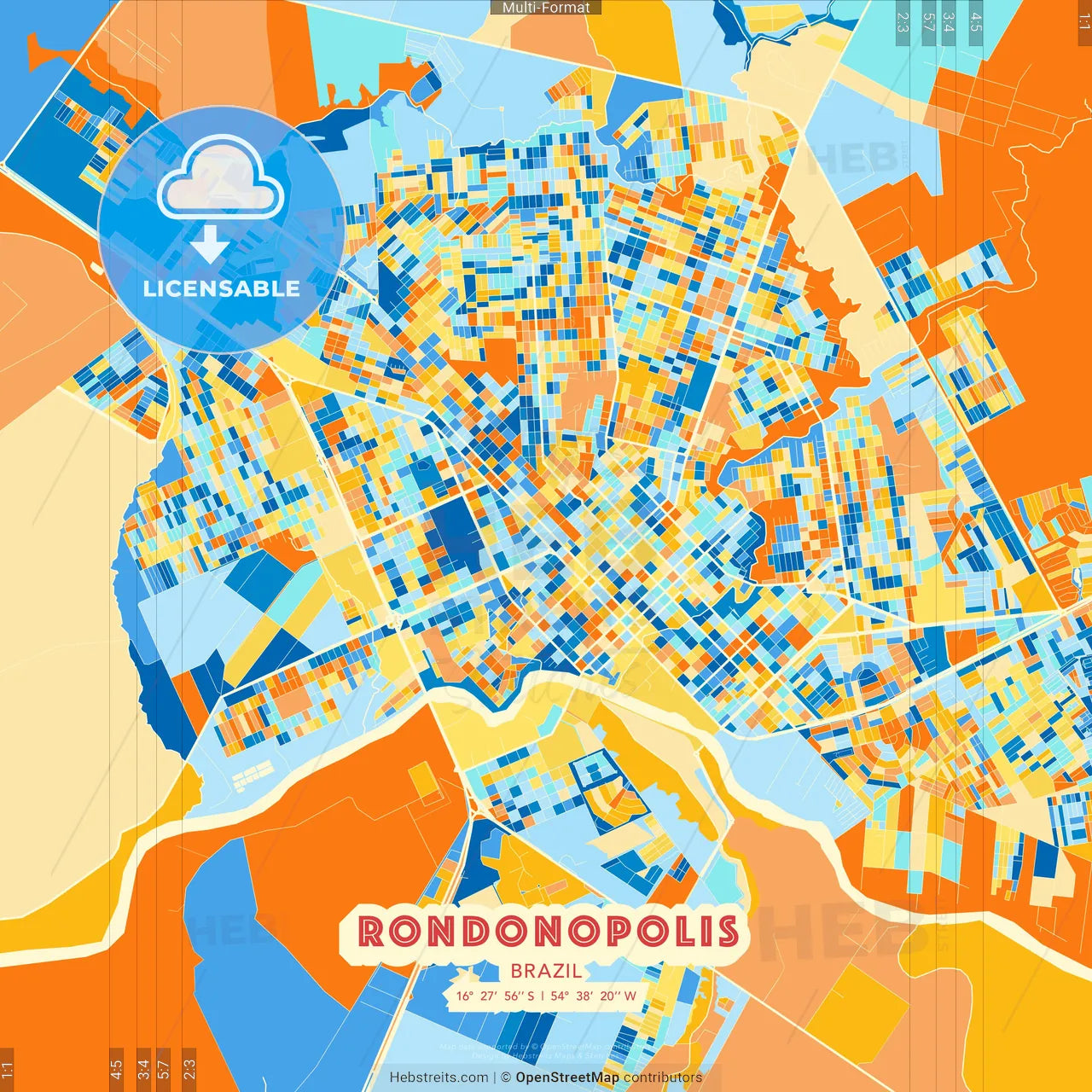 Rondonopolis, Brazil blue and orange vector art map template