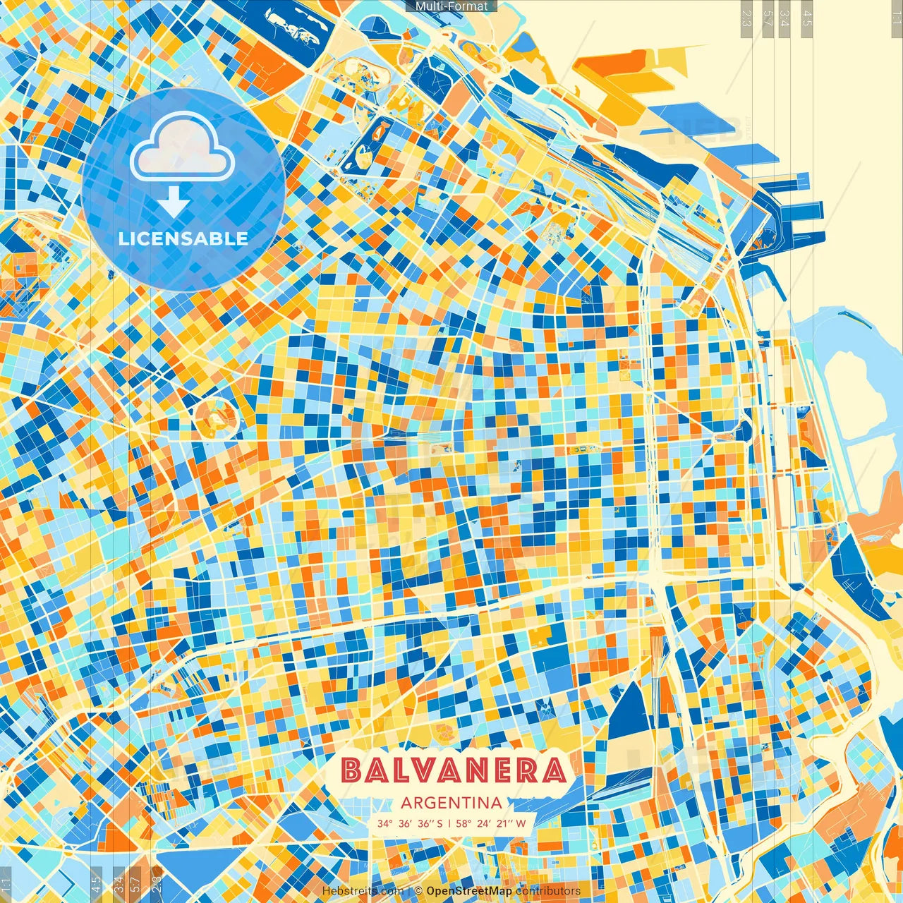 Balvanera, Argentina blue and orange vector art map template