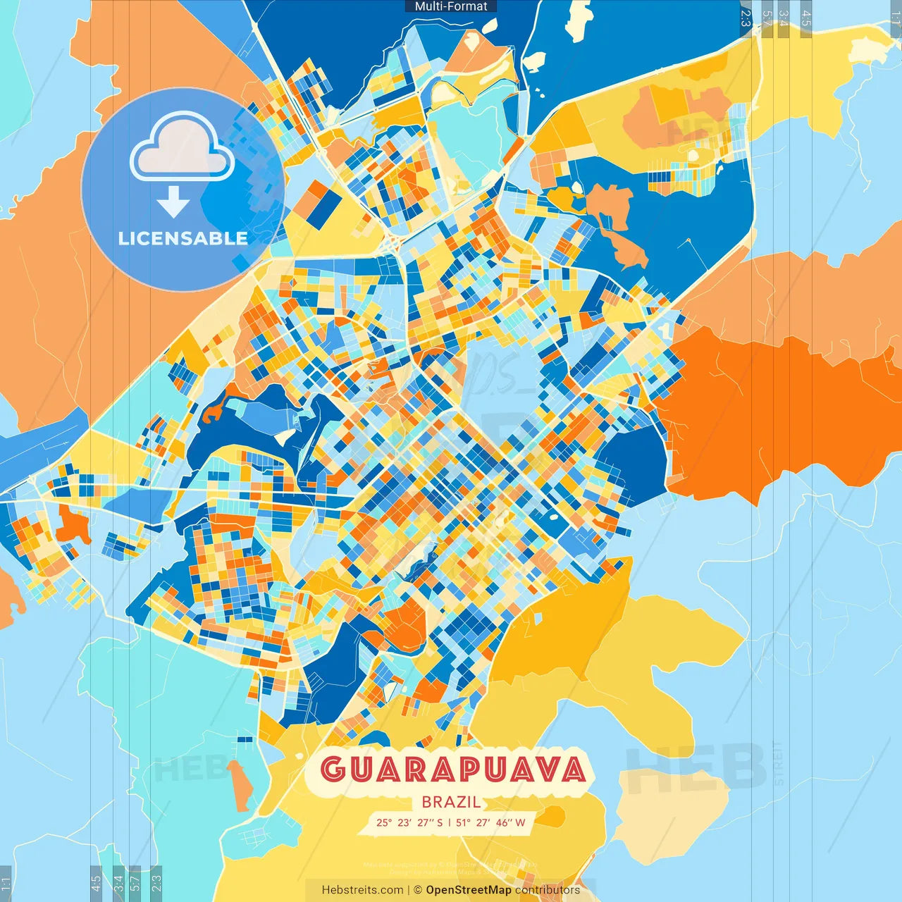 Guarapuava, Brazil blue and orange vector art map template