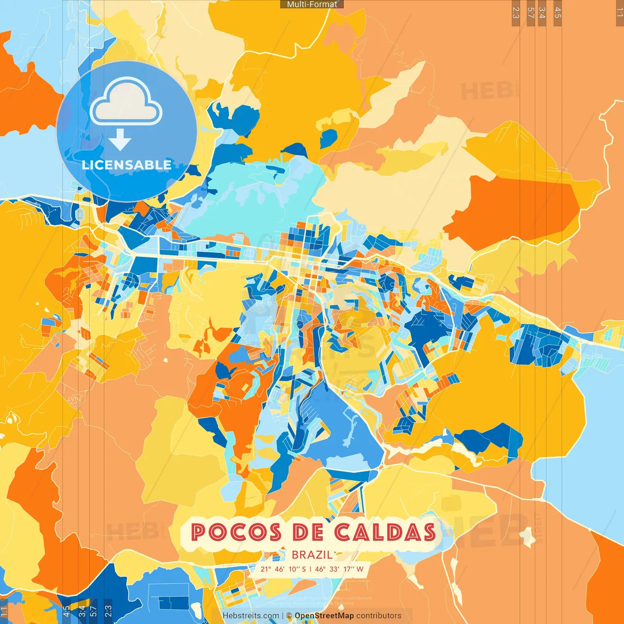 Pocos de Caldas, Brazil blue and orange vector art map template
