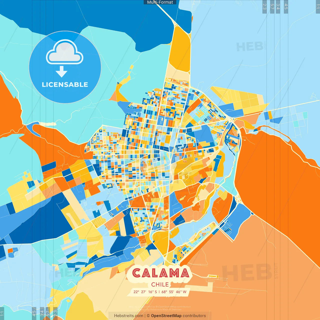 Calama, Chile blue and orange vector art map template