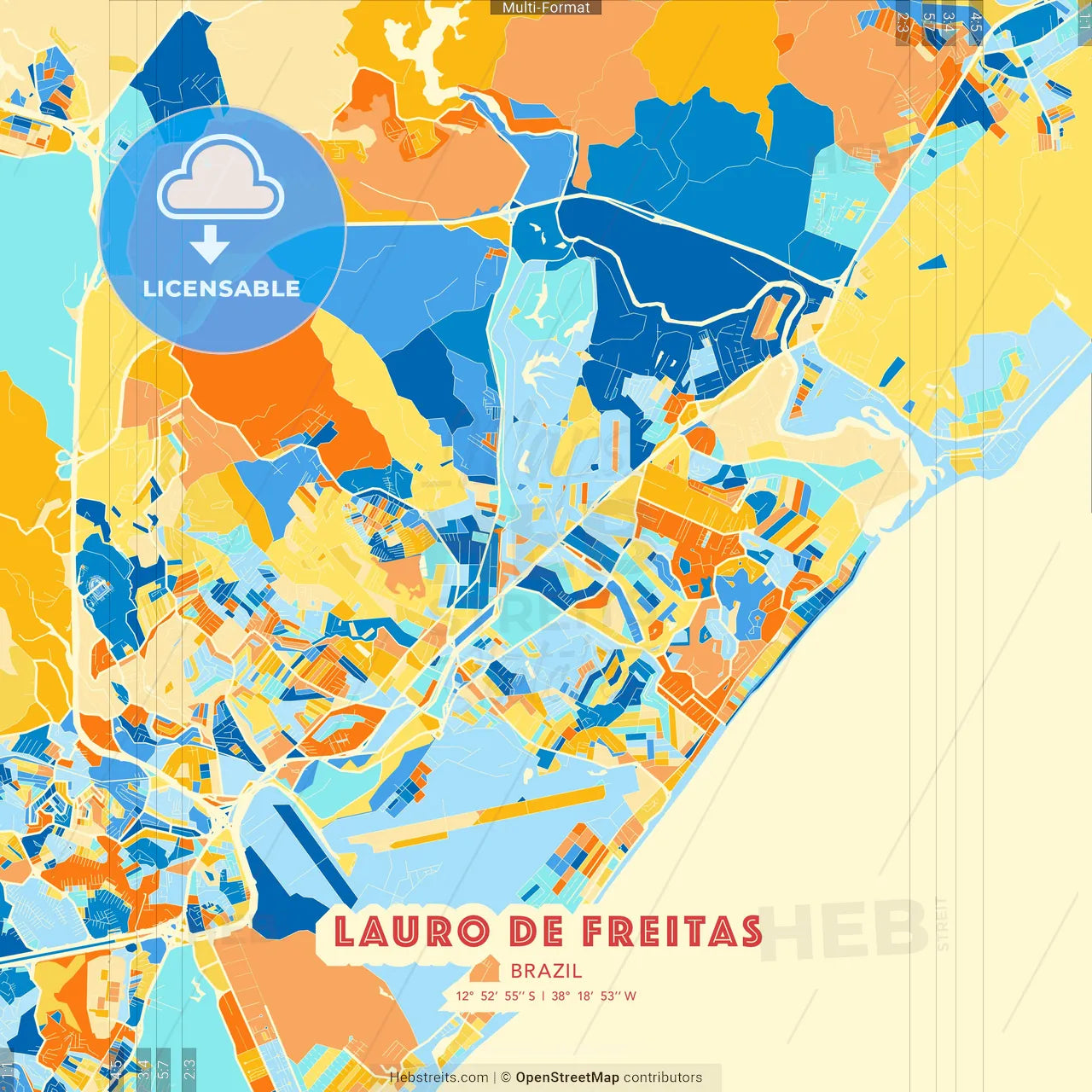 Lauro de Freitas, Brazil blue and orange vector art map template