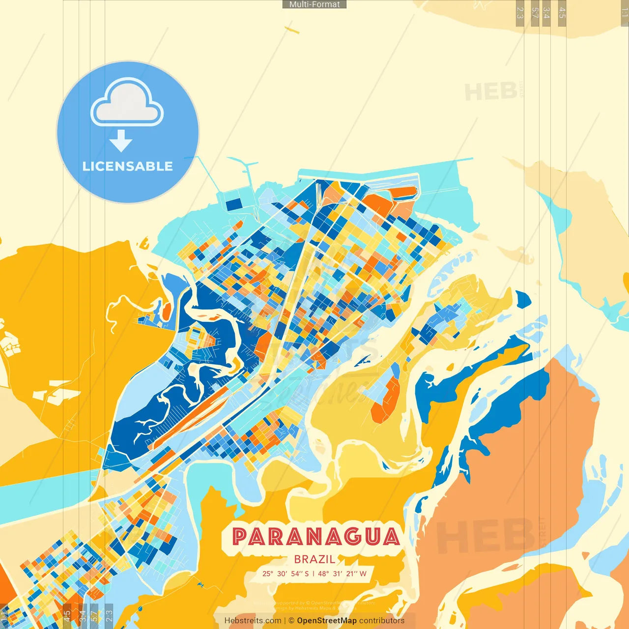 Paranagua, Brazil blue and orange vector art map template
