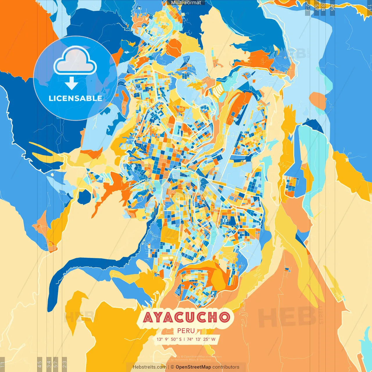 Ayacucho, Peru blue and orange vector art map template