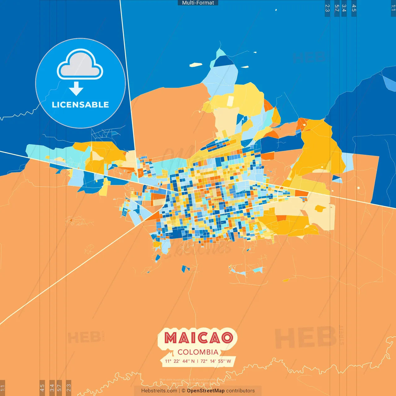 Maicao, Colombia blue and orange vector art map template