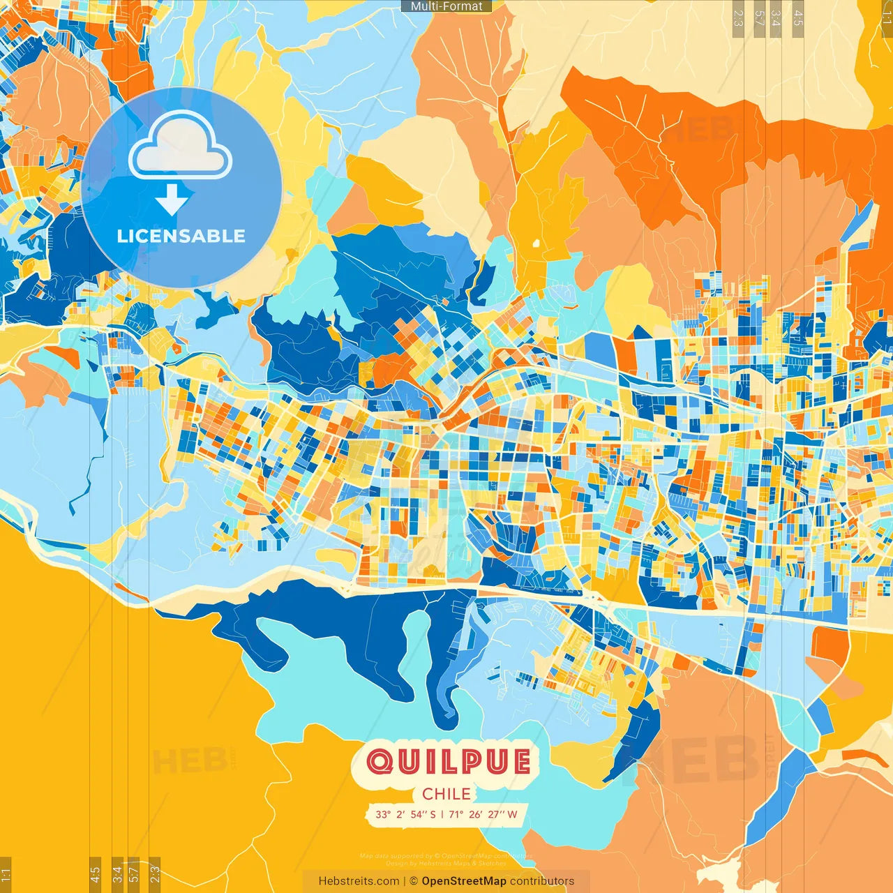 Quilpue, Chile blue and orange vector art map template