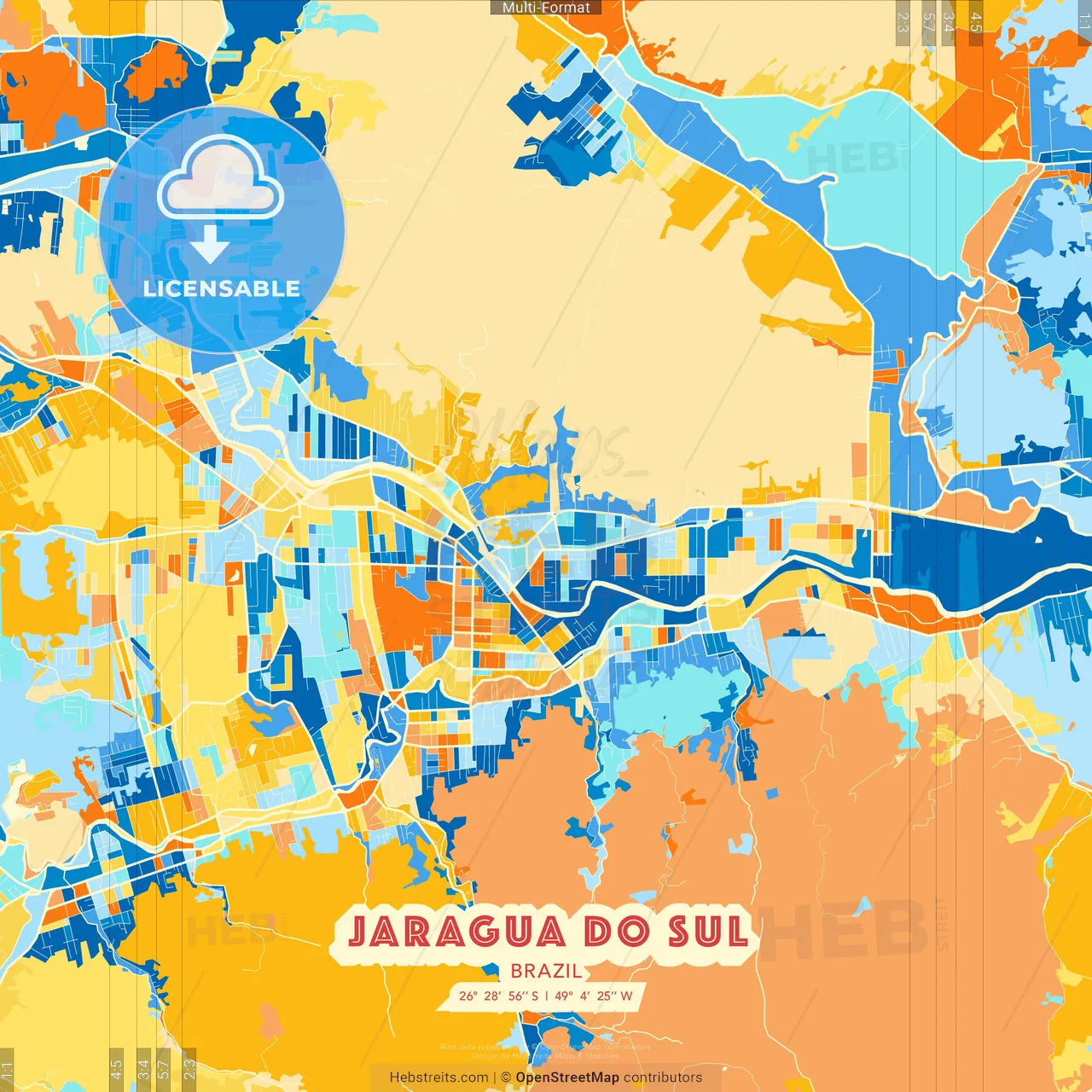 Jaragua do Sul, Brazil blue and orange vector art map template
