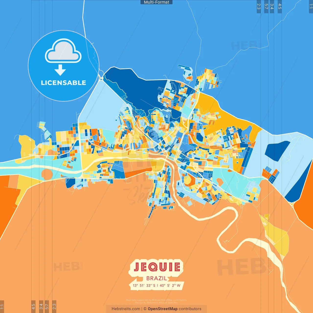 Jequie, Brazil blue and orange vector art map template