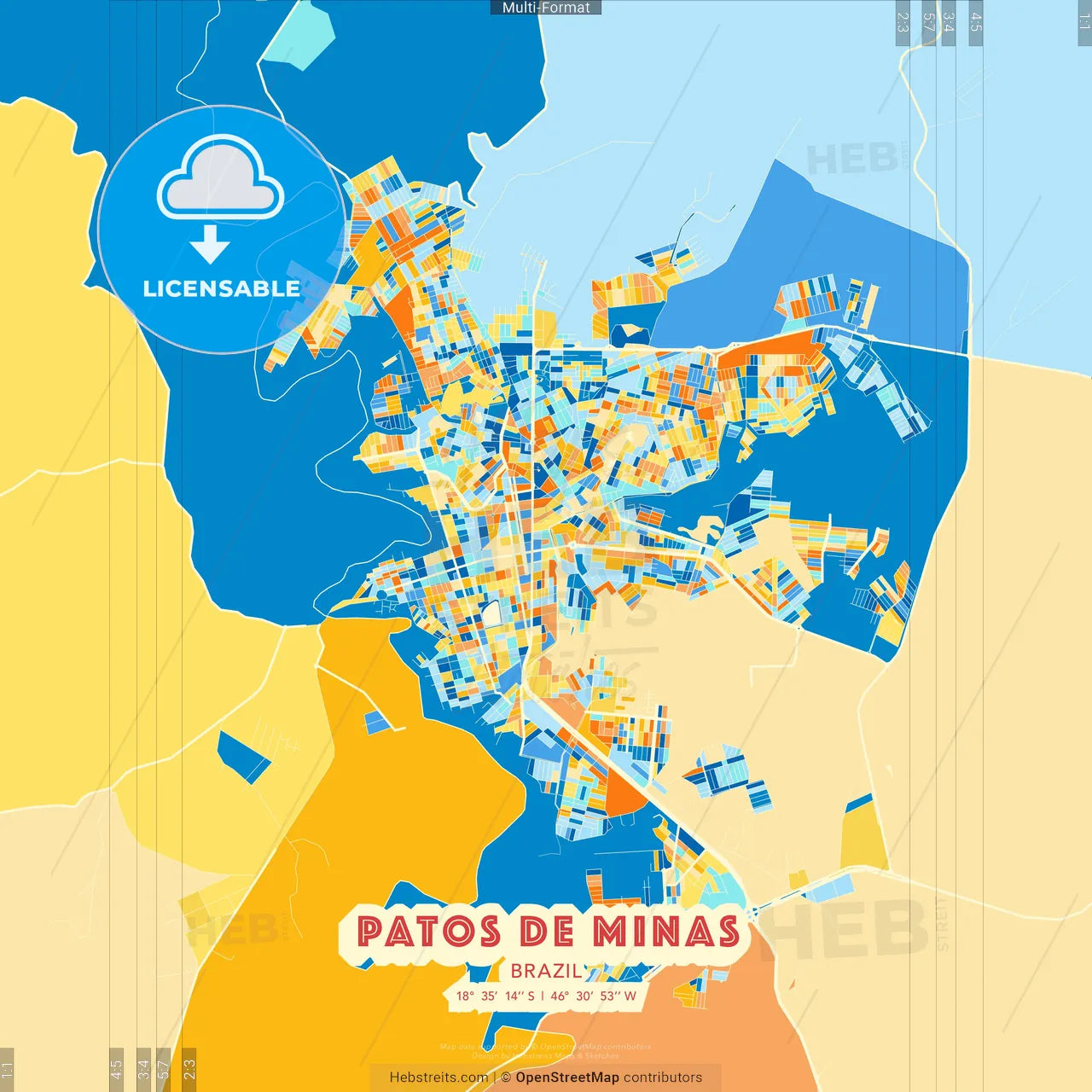Patos de Minas, Brazil blue and orange vector art map template