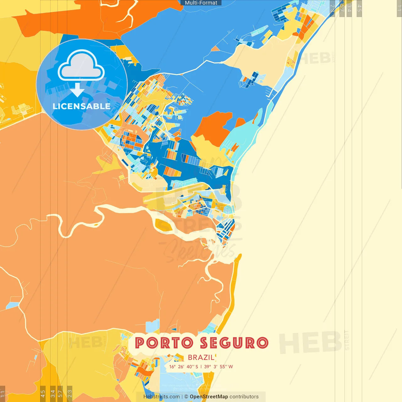 Porto Seguro, Brazil blue and orange vector art map template