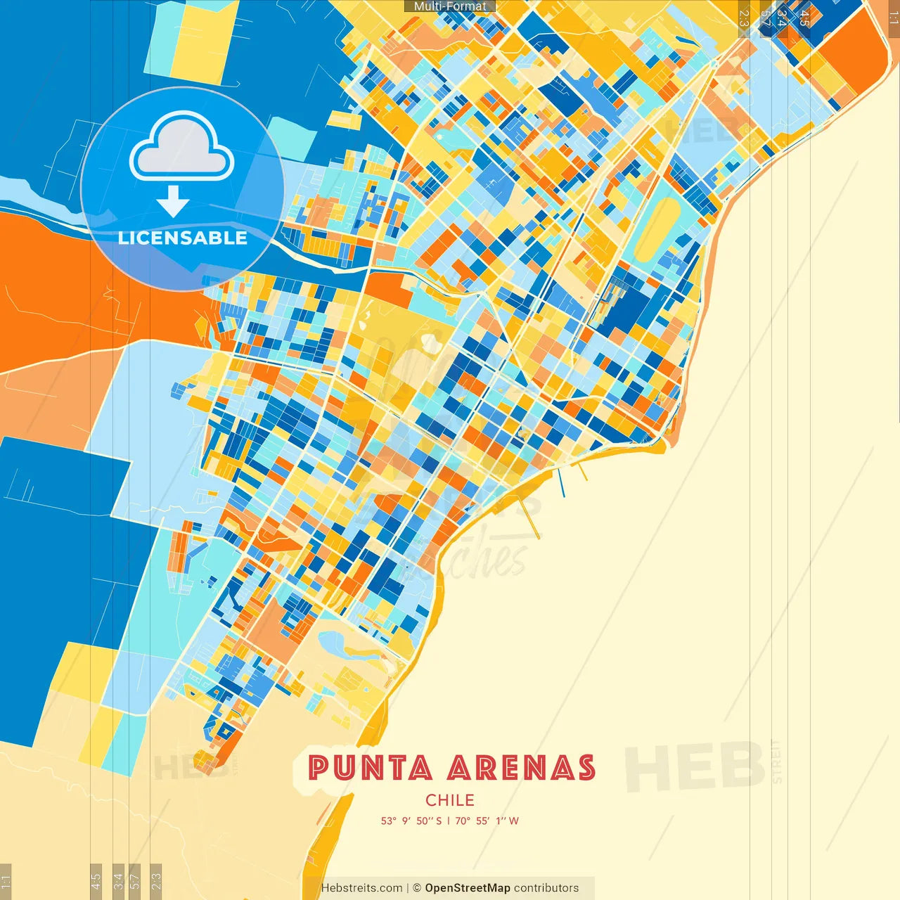 Punta Arenas, Chile blue and orange vector art map template