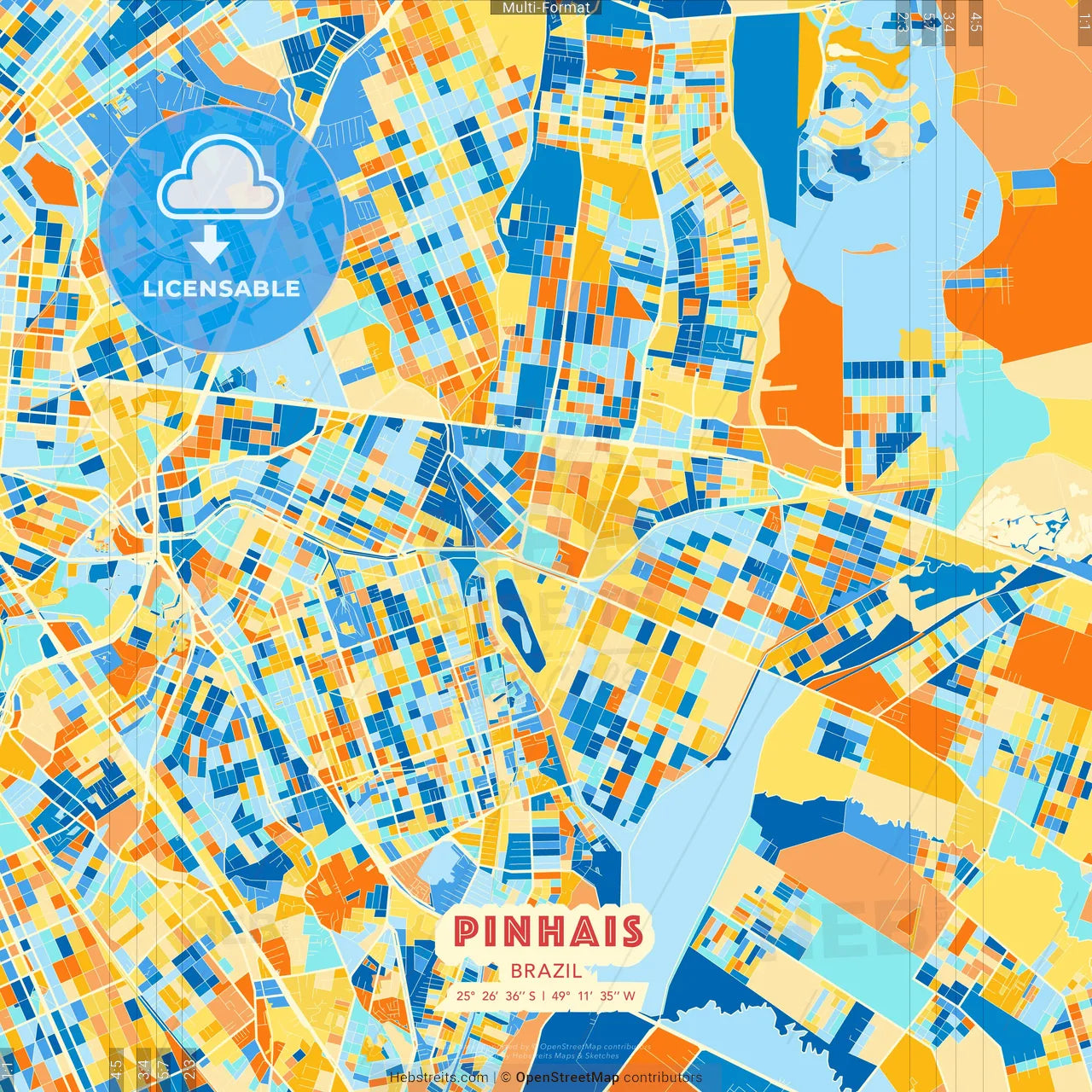 Pinhais, Brazil blue and orange vector art map template