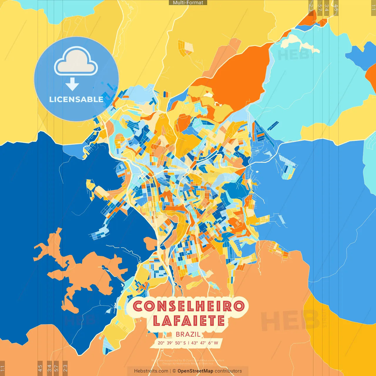 Conselheiro Lafaiete, Brazil blue and orange vector art map template