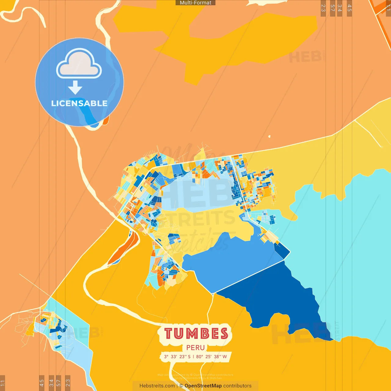 Tumbes, Peru blue and orange vector art map template