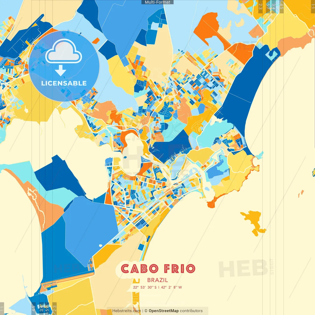 Cabo Frio, Brazil blue and orange vector art map template