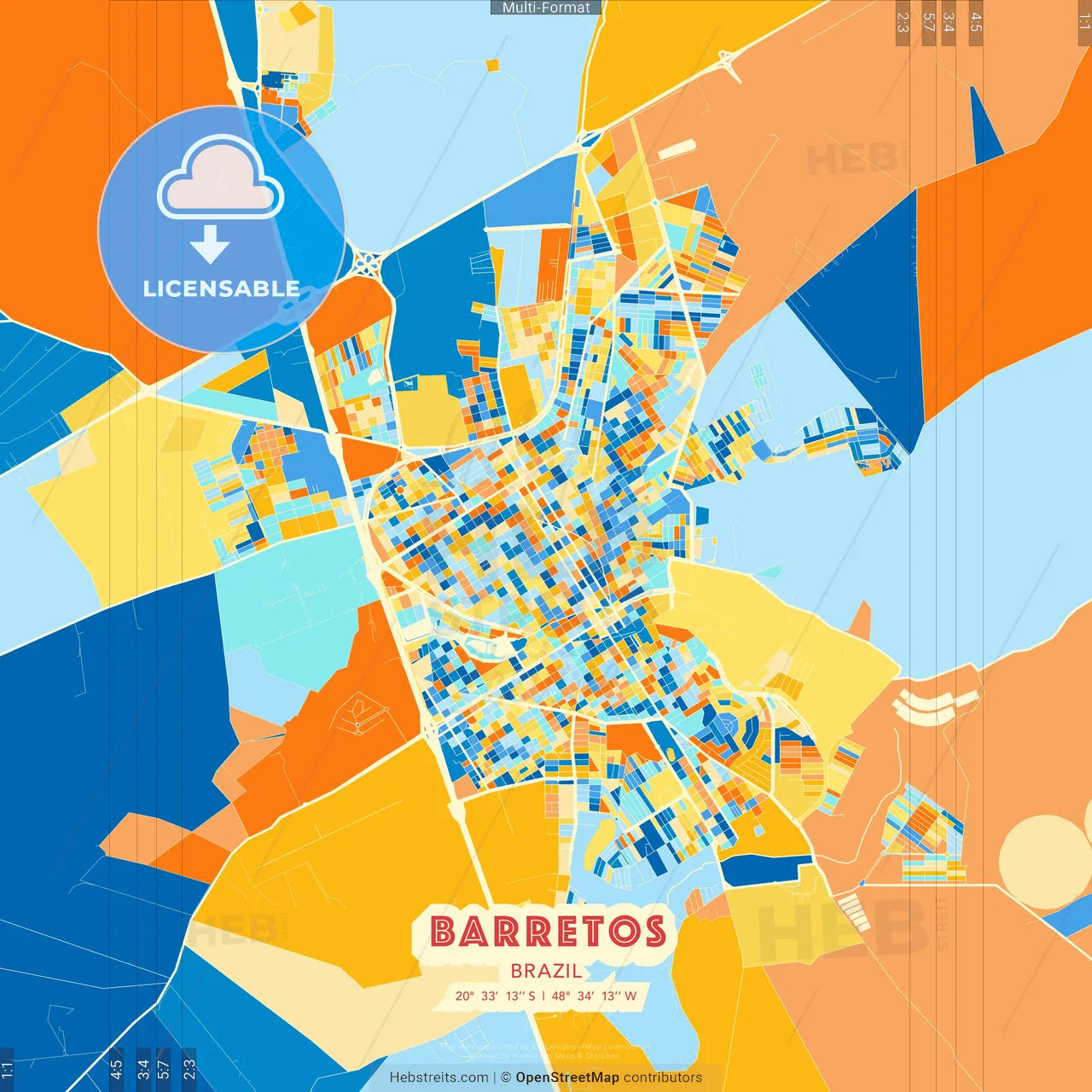 Barretos, Brazil blue and orange vector art map template