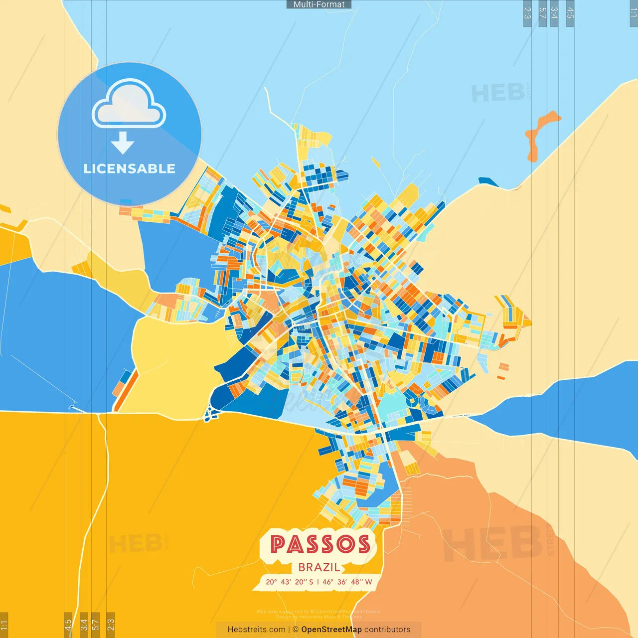 Passos, Brazil blue and orange vector art map template