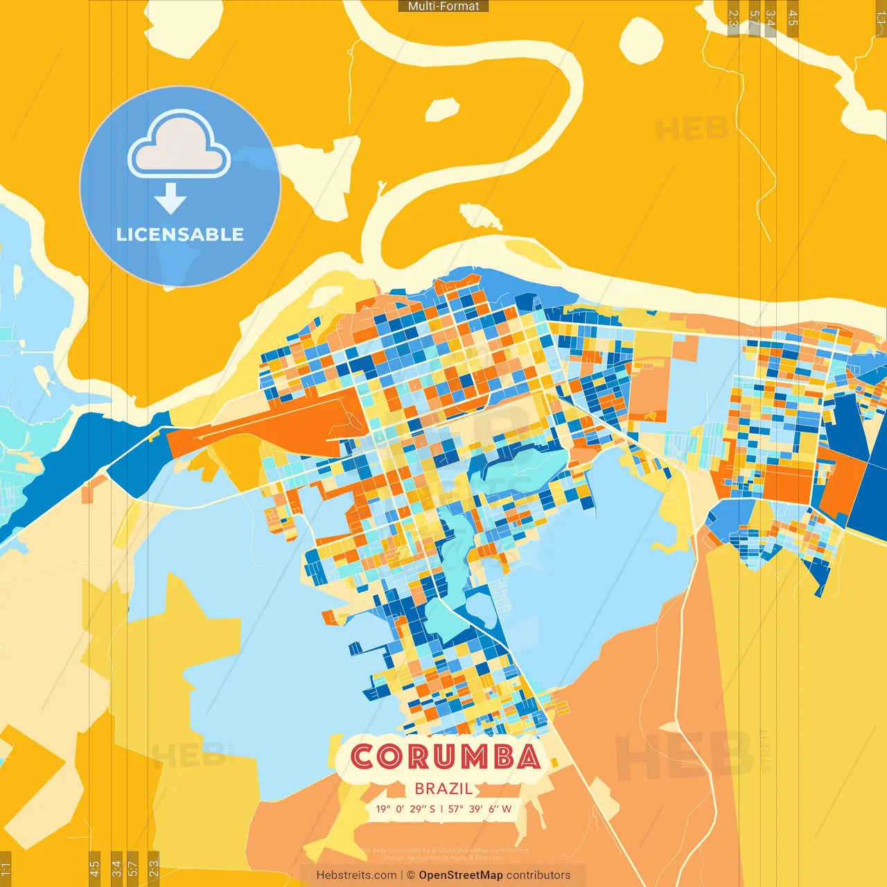Corumba, Brazil blue and orange vector art map template