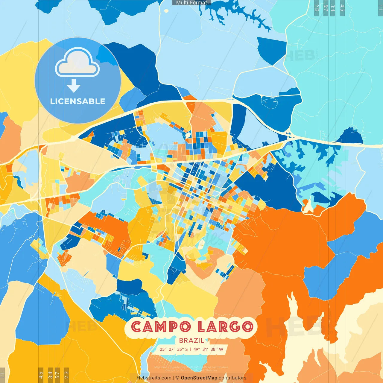 Campo Largo, Brazil blue and orange vector art map template