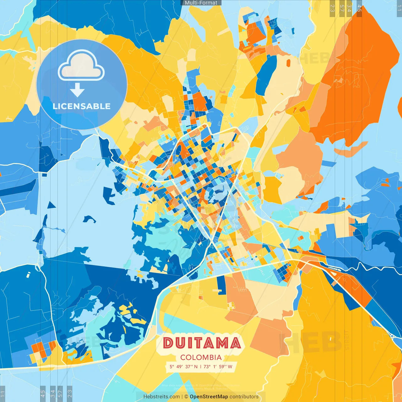 Duitama, Colombia blue and orange vector art map template