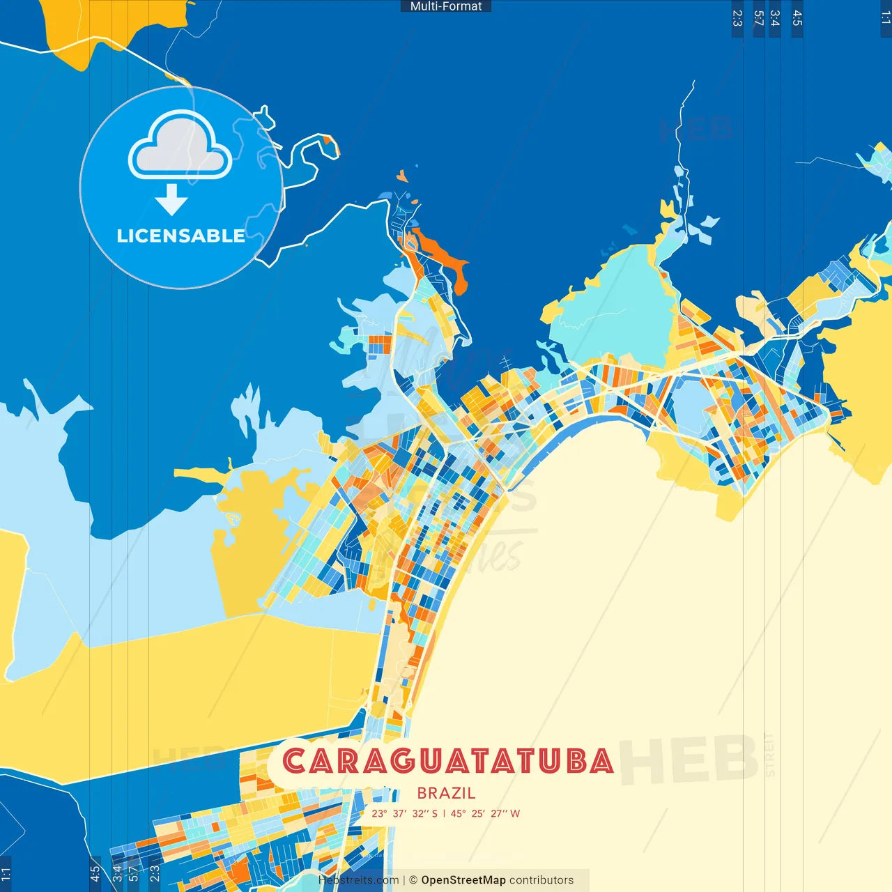 Caraguatatuba, Brazil blue and orange vector art map template