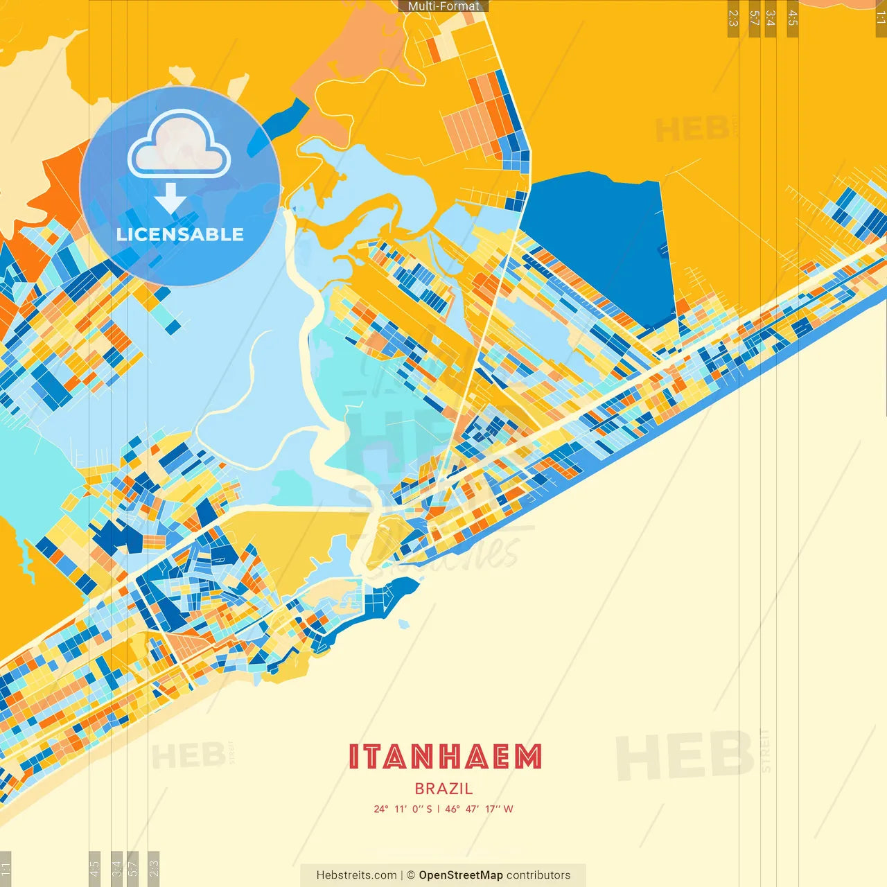 Itanhaem, Brazil blue and orange vector art map template