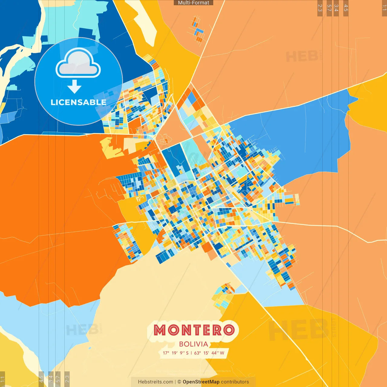 Montero, Bolivia blue and orange vector art map template