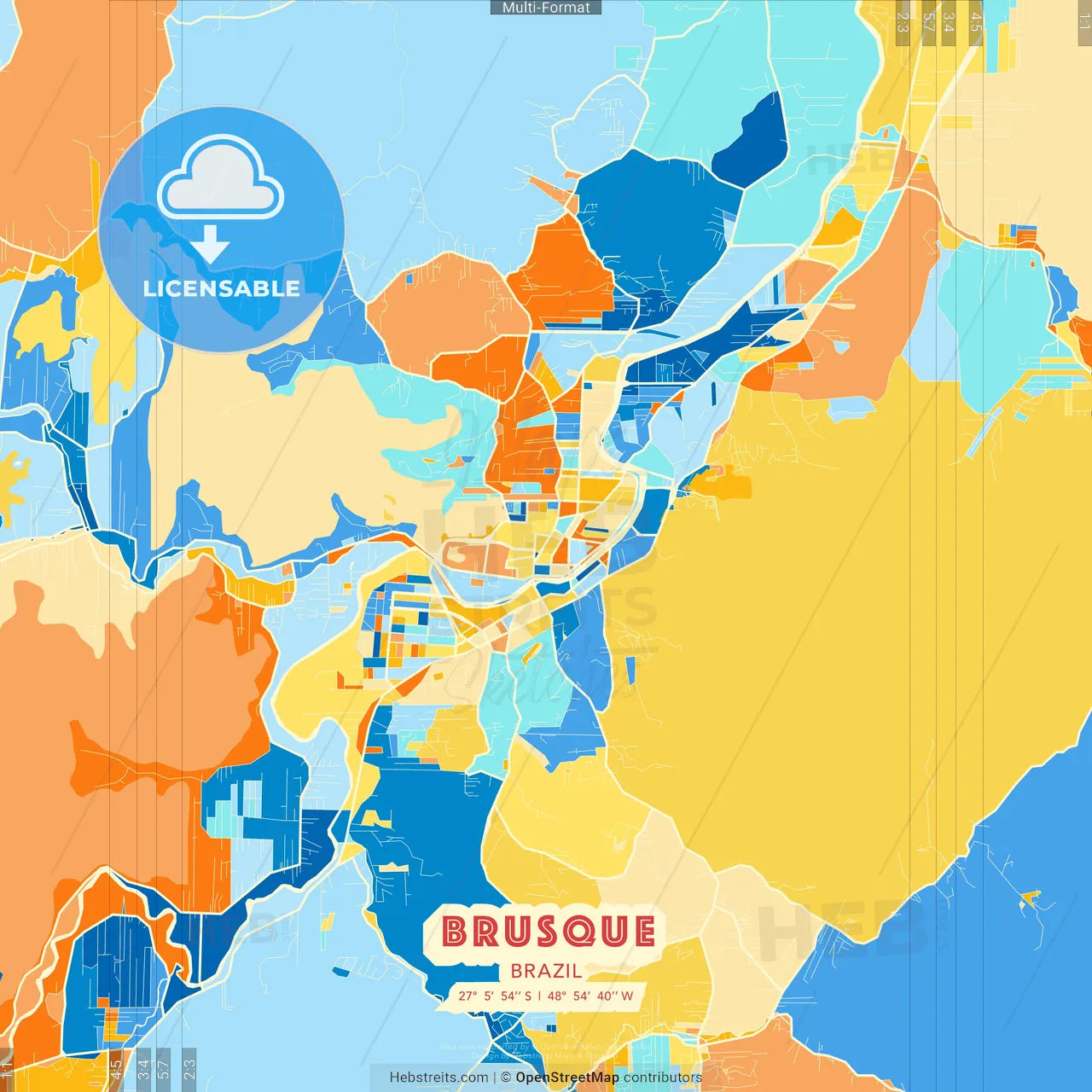 Brusque, Brazil blue and orange vector art map template