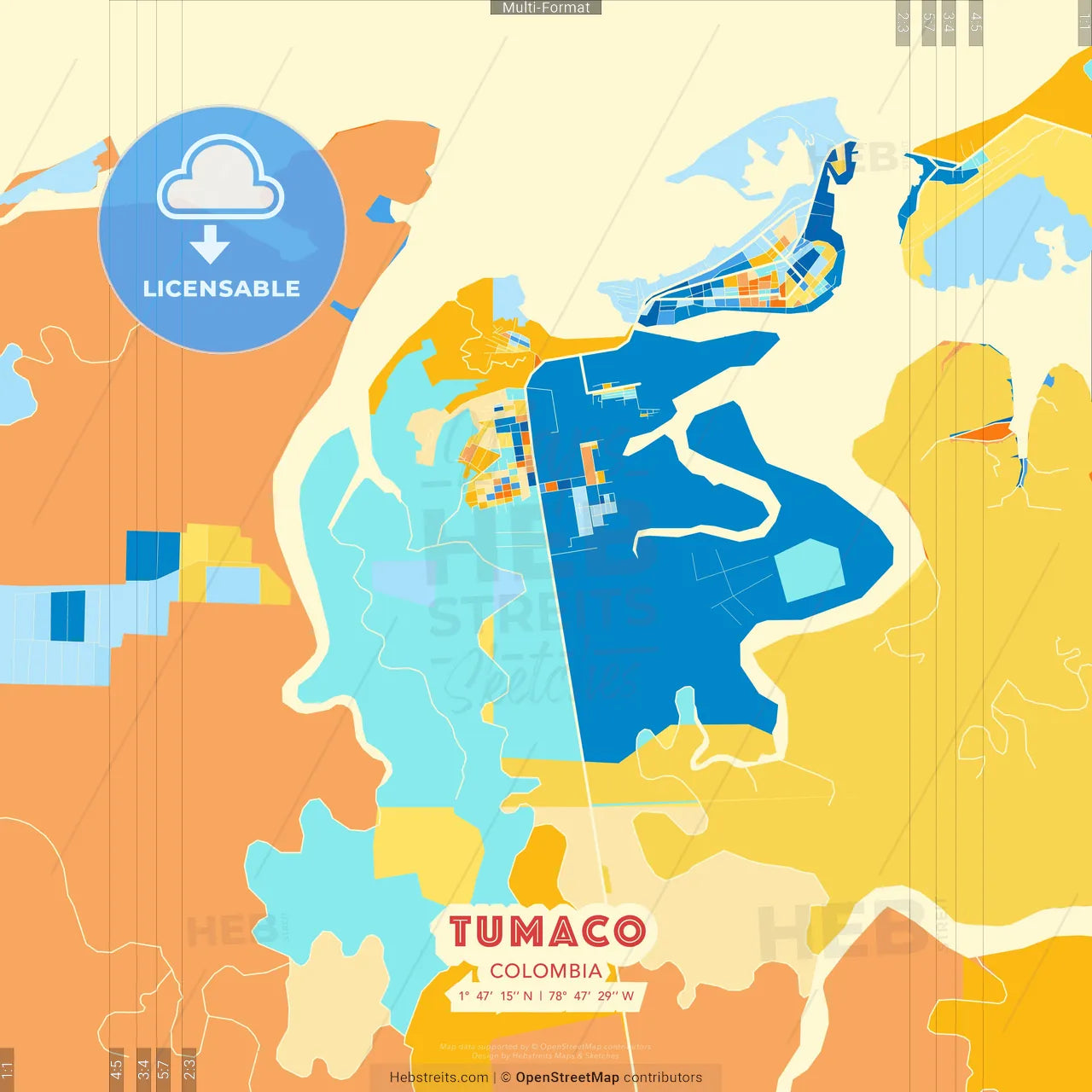 Tumaco, Colombia blue and orange vector art map template