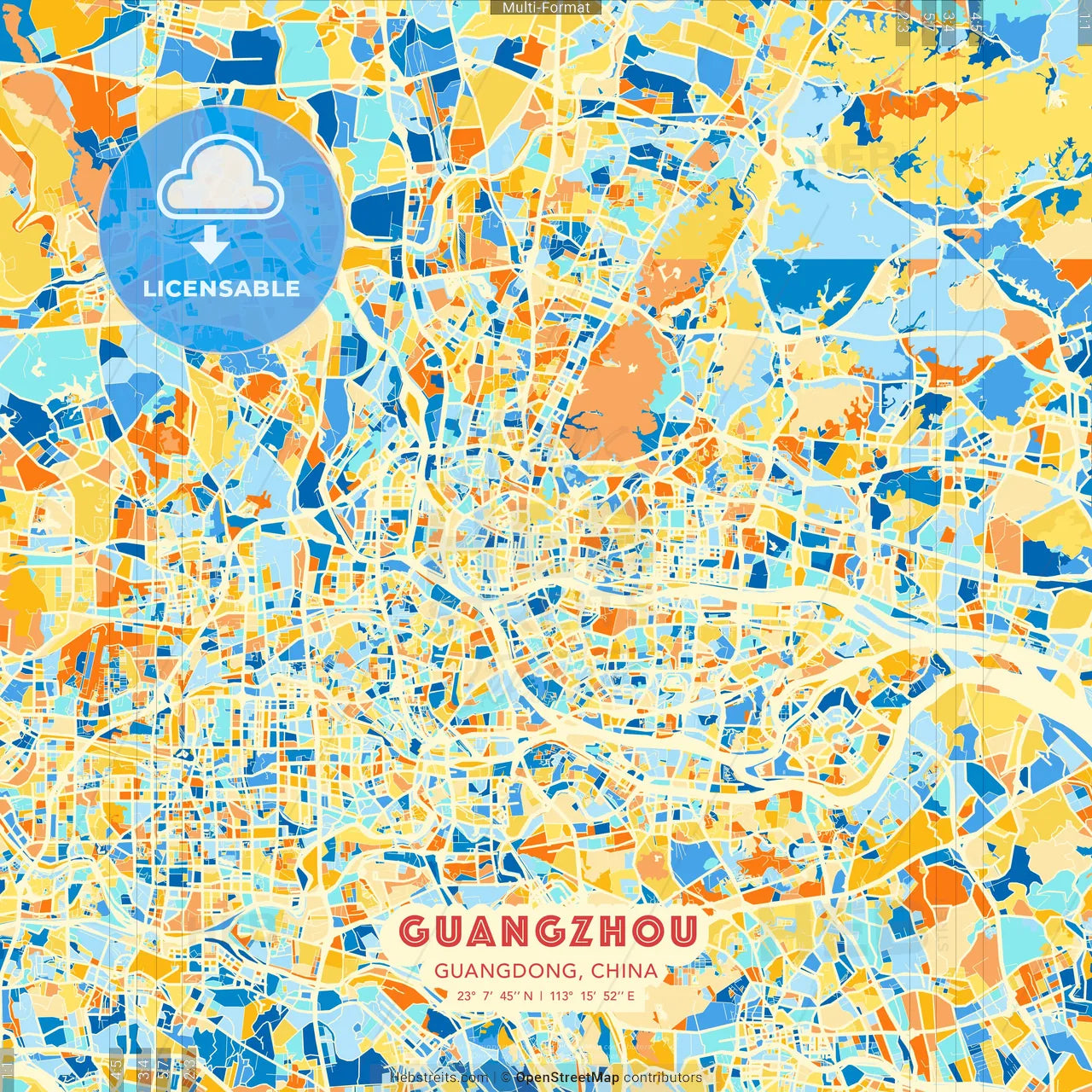 Guangzhou, Guangdong, China blue and orange vector art map template