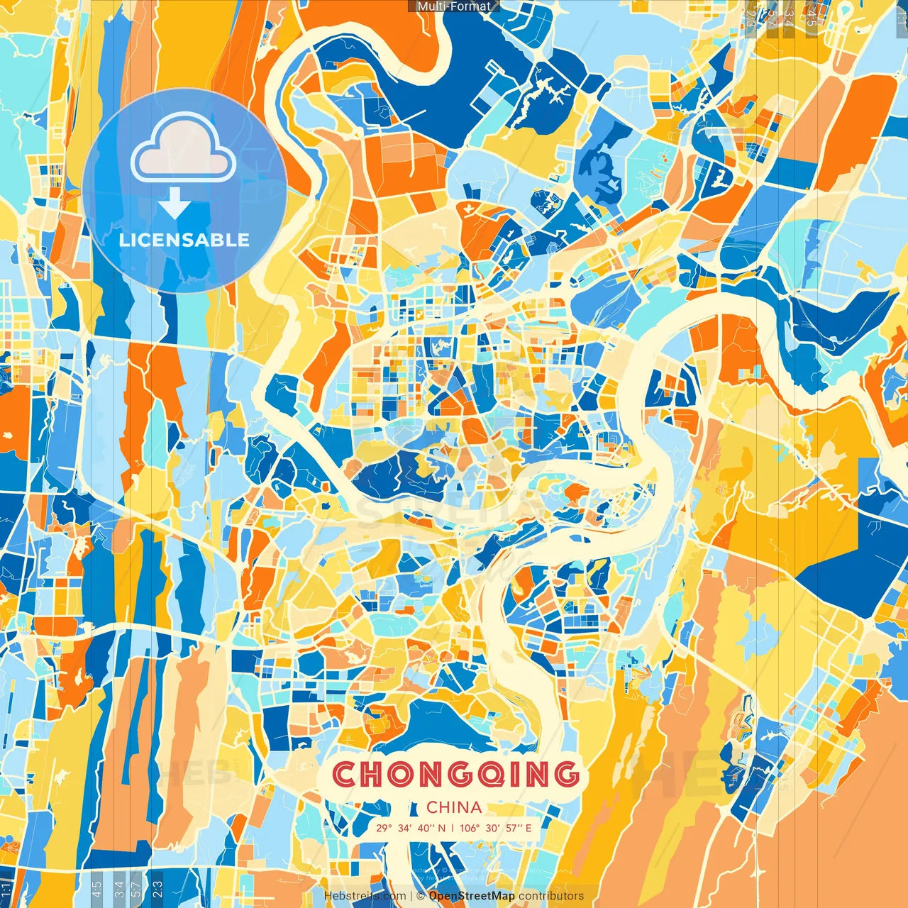 Chongqing, China blue and orange vector art map template