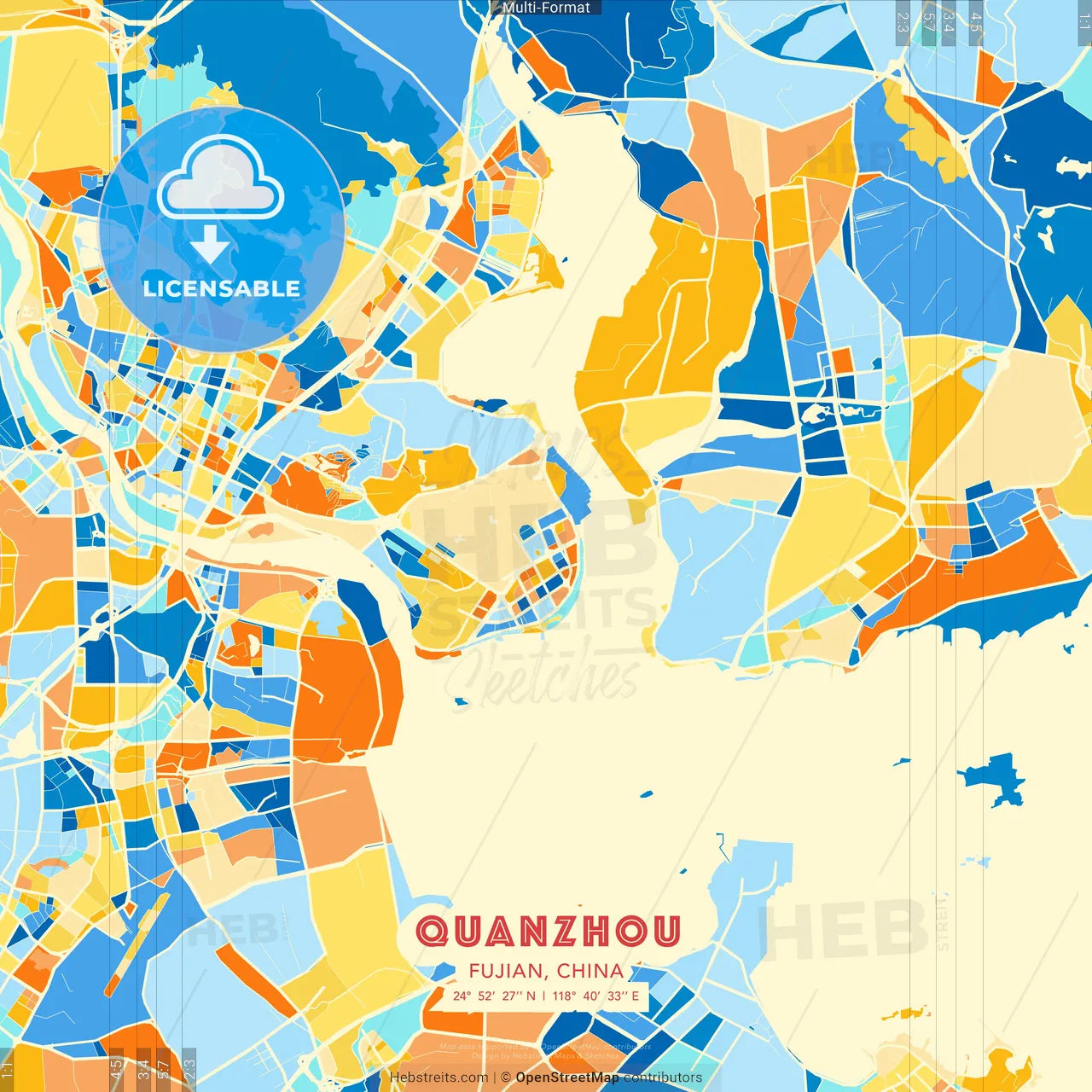 Quanzhou, Fujian, China blue and orange vector art map template