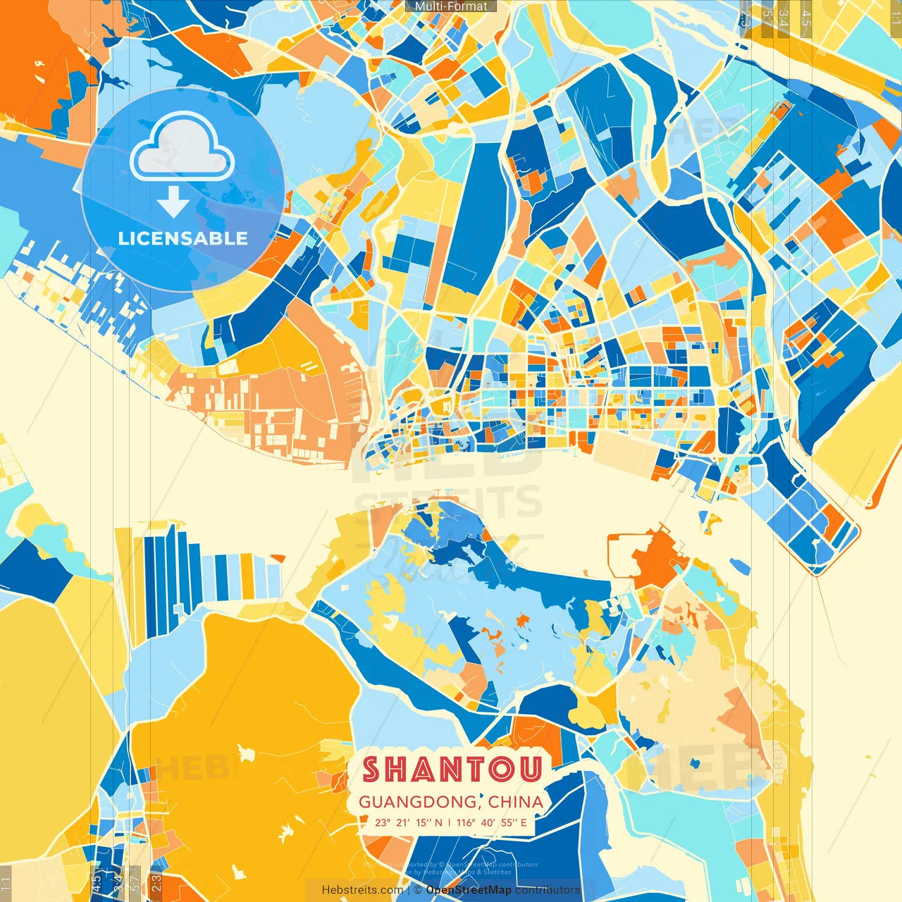 Shantou, Guangdong, China blue and orange vector art map template