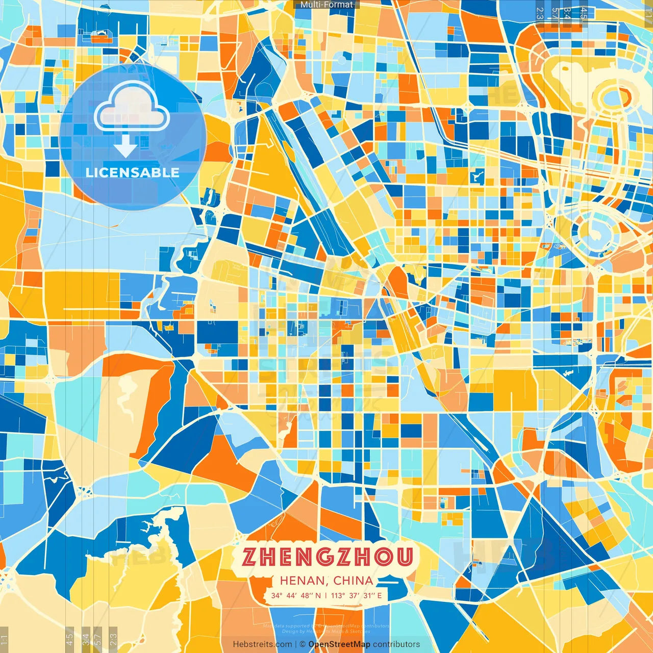 Zhengzhou, Henan, China blue and orange vector art map template